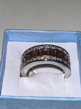 Sterling 925  Silver Ring with Red Stones and Crystal Accents